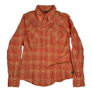 Cruel Girl Shirt Women's Medium Orange Plaid Western Pearl Snap Rhinestone